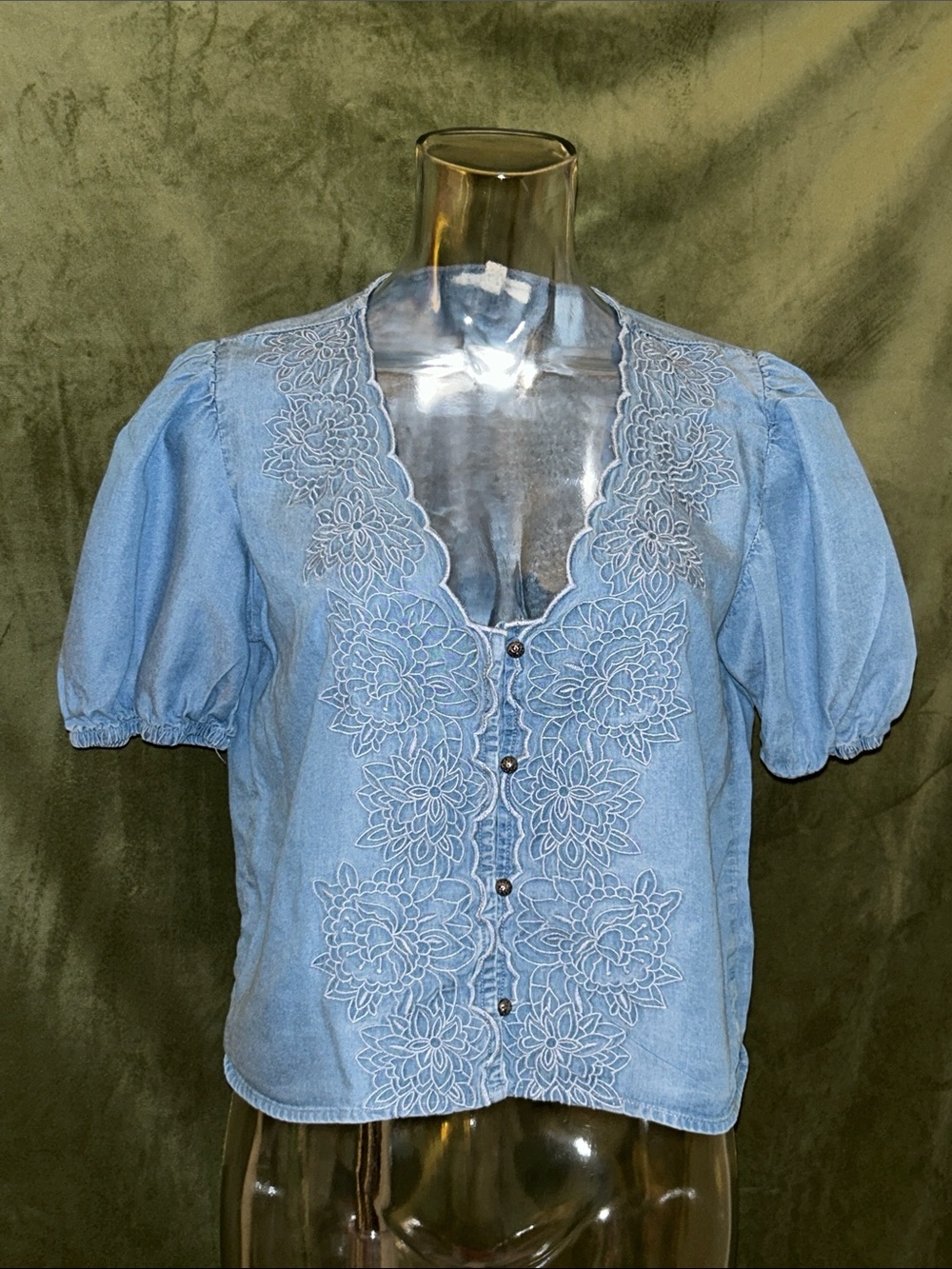 Blu Pepper Light Blue Embroidered Puff Sleeve Blouse